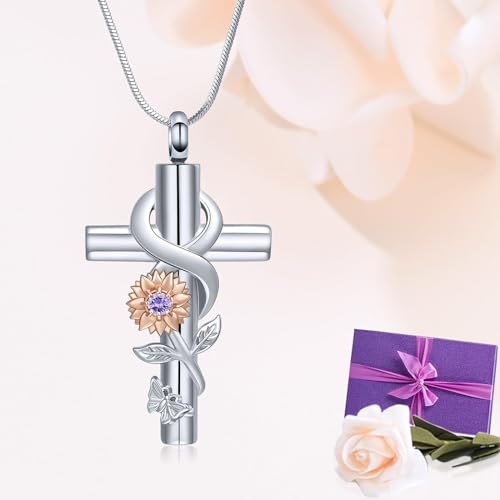Cross Sunflower Cremation Jewelry Infinity Urn Necklace for Ashes for Men Women Stainless Steel Butterfly Memorial Ashes Pendant Necklace Keepsake Jewelry Rose-purple