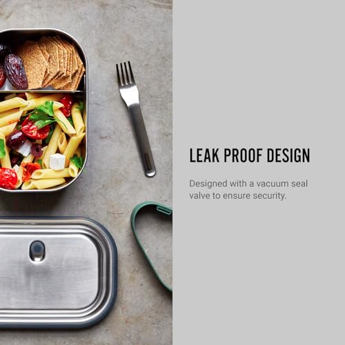 Black+Blum Stainless Steel Lunch Box | Leak Proof 3-in-1 Multi-Functional Plastic Free Vacuum Valve Bento Box with Compartment Divider and Accessories, Olive Solid