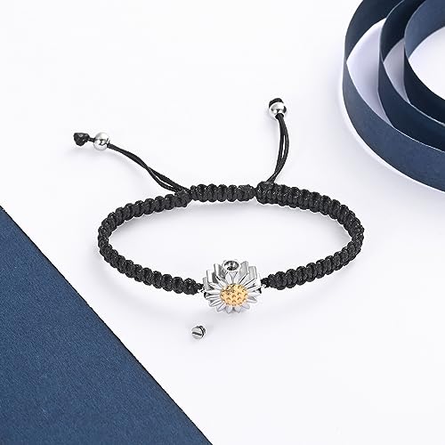 Sunflower Cremation Urn Bracelet for Ashes for Women Girls Adjustable Cremation Jewelry Braided Rope Memorial Bracelet Silver-Gold