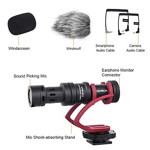 Comica Camera Microphone Directional Condenser Shotgun Video Microphone with Wind Muff for DSLR, Mirrorless Cameras, and Smartphones (CVM-VM10II R) Red