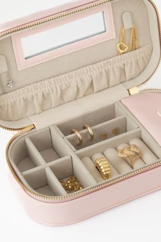 Summer Gift Pink Elegant Oval Jewelry Travel Case | Zip-Closure Jewelry Box with Mirror, Slots for Pendants, Bracelets, Rings & Earrings, Complimentary Dust Bag