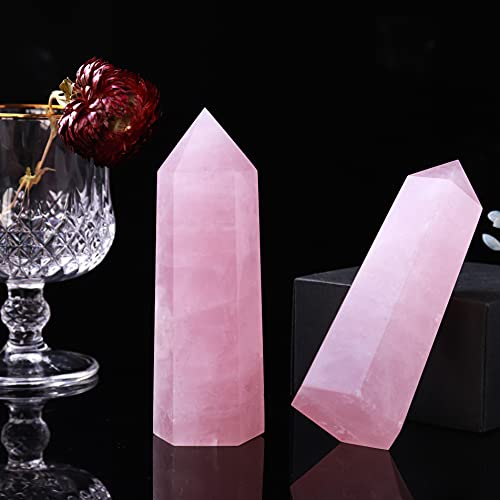 Runyangshi Large Rose Quartz Natural Healing Crystal Wand 4.72"-5" Crystals Tower 6 Faceted Single Point Crystal Prism Wand Natural Stones for Meditation Reiki Chakra Therapy Home Decor Gift 12-13cm
