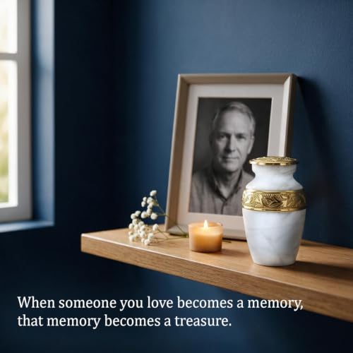 Small Urns for Human Ashes Keepsake, 2.9 Inch – Handcrafted White Memorial Urn with Brass Accent – Mini Remembrance Urn for Sharing Ashes Small
