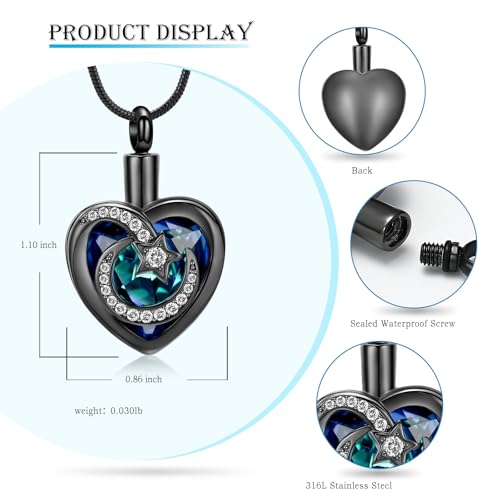 Heart Urn Necklace for Ashes Star Moon Cremation Jewellery for Women Men Stainless Steel Memorial Pendant for Human Pets Keepsake Ash Jewelry Bereavement Gifts with Fill tool Black-Blue