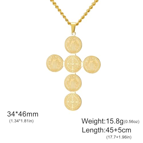 LIKGREAT Saint Benedict Cross Medal Necklace for Men Women Stainless Steel Exorcism Medal Ward Off Evil Amulet Religious Protection Jewelry 1-Gold