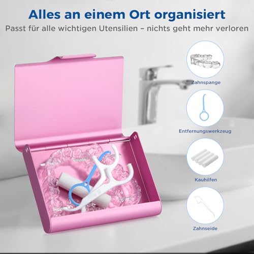 Aluminium Braces Box, Tooth Splint Box, Compatible with Invisalign, Portable Partial Denture Box, Lightweight, Durable and Easy to Clean Braces Box, Pink