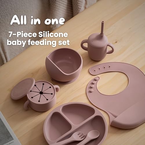 Silicone Baby Feeding Set 7-Piece Baby-Led Weaning Kit with Suction Plate & Bowl, Snack & Straw Cup with Handles, Bib & Utensils | BPA-Free, Microwave & Dishwasher Safe | Pale Mauve