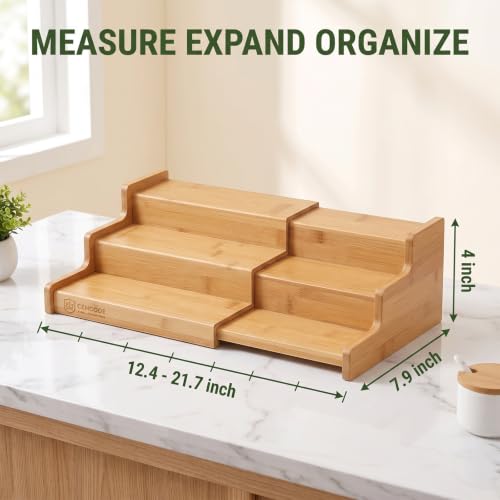 2 Pack Spice Rack, 22" Extra Long Kitchen Pantry Organizer, 3-Tier Expandable Bamboo Wooden Rack Organizer for Cabinet - Multi-purpose Cupboard Storage Organizer Bamboo 2Pack