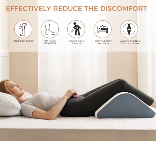 Knee Wedge Pillow for Post-Surgery Recovery-Leg Elevation Support for Sleep Position, Alleviating Lower Back & Hip Pain Enhancing Circulation in Ankles Legs Triangle Pillow with Removable Cover White & Gray 21.6*17.8*6.9 Inch