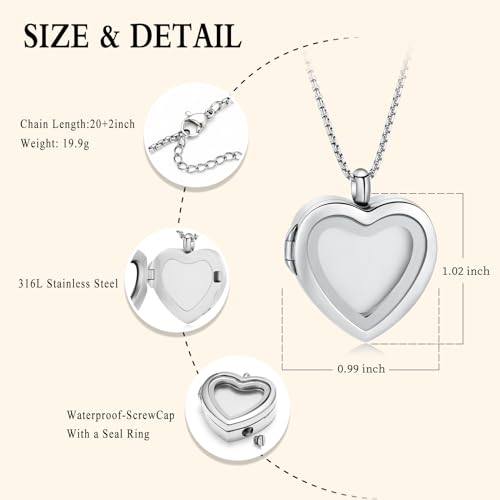 Oinsi Cremation Locket Necklace For Ashes Of Loved One Carry Photo Glass Memorial Urn Jewelry 316L Stainless Steel Keepsake Gifts B-Sliver