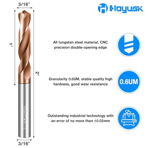 HOYUSK solid carbide 3/16-inch jobber drill bit set, TISIN coated, 2 pieces for metal drilling