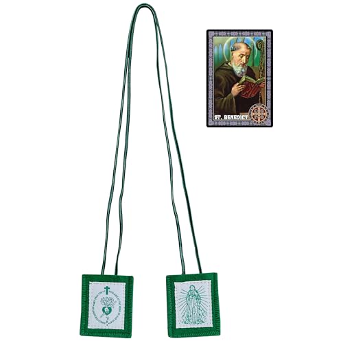 Scapulars Catholic, 3-Pack Green Scapular of Immaculate Heart of Mary, Escapularios Catolicos, Religious Gift for Women, Includes Blessed Saint Benedict Prayer Card 3 Pack