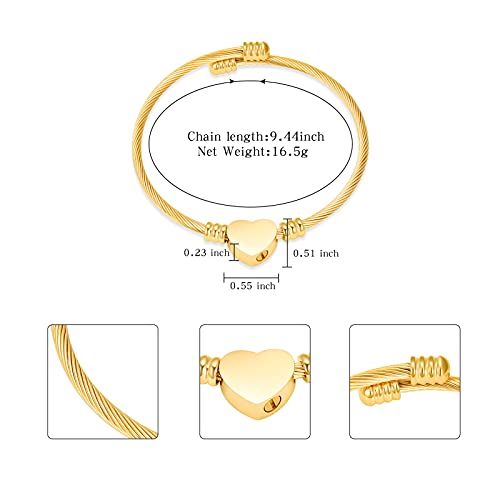 constantlife Cremation Bracelet for Ashes Memorial Jewelry Stainless Steel Heart Shape Urn Pendant Bangle Loved Ones Funeral Ashes Holder Keepsake Gift A-Golden