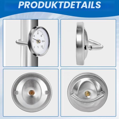 Pipe Thermometer Heating Pipe Stainless Steel Pack of 2 | Temperature display with clip-on 0-120 °C, portable pipeline thermometer, monitoring pipe temperature (with 2 springs)