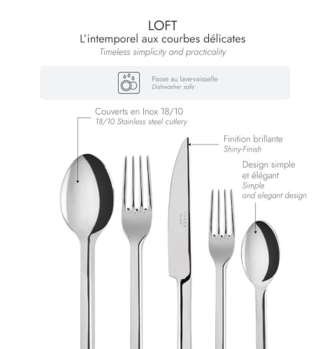 SABRE PARIS - 5-Piece Flatware Set - Loft Collection - Knife, Fork, Soup Spoon, Teaspoon & Dessert Fork - Stainless Steel - Dishwasher Safe - Brilliant Finish 5 Pieces Shiny Finish