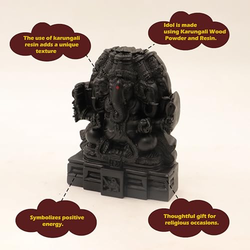 Spillbox Natural Black Unpolished Karungali Wood Ganesh Idol | Original Ebony Wood | Gift | Ganapati Murti | Ganesha Statue for Home Decor | Tabletop for Pooja | Puja - Karungali Panchamuga Vinayagar