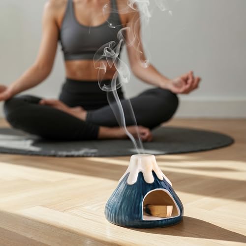 Potiera Small Volcano Incense Holder, Handmade Ceramic Palo Santo Holder for Meditation Spa Yoga Decor, Backflow and Cone Incense Burner for Home and Office Decor, Spiritual Gifts for Women Men Dark Green