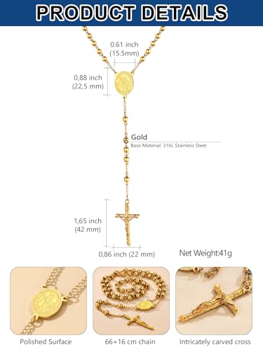 ChainsPro Cross Necklace with Rosary Beads, Crucifix Catholic Necklaces for Men Women, Stainless Steel Chain Prayer Jesus Gift Christian Jewellery 04. St Michael Gold