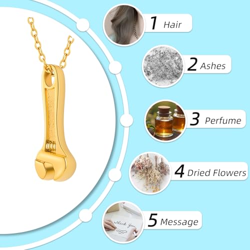 Wrench Cremation Jewelry for Ashes Pendant Urn Necklace with Mini Keepsake Urn Memorial Ashes Jewelry Gold
