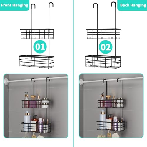 HapiRm Hanging Shower Caddy Organizer - No Drilling Shower Organizer with Hooks, Rustproof & Waterproof 304 Stainless Steel Bathroom Shelves - Black 2 Basket