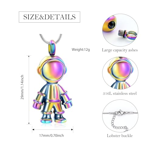 Astronaut Urn Necklace for Ashes Cremation Jewelry for Women Men Stainless Steel Spaceman Memorial Necklaces Ash Holder for Human Pets Keepsake Jewelry for Loved Ones with Fill Tool Rainbow