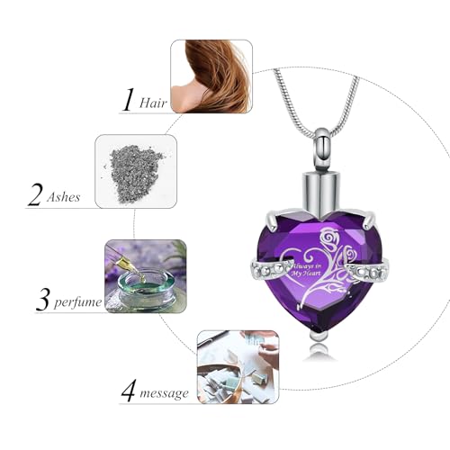 Crystal Heart Shape Cremation Jewelry Memorial Urn Necklace for Ashes, Stainless Steel Ash Holder Pendant Keepsake with Gift Box Charms Accessories for Women Silver-Purple