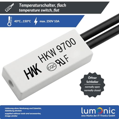 Lumonic HKW9700 Temperature Switch Flat | 40°C ± 4°C | NO | Max. AC 250V/5A | Max. DC 24V/8A | Cable 70mm | 21x8x4mm | Thermal Switch, Bi-Metal, KSD9700 | Motors, Power Supplies, Fan Heater Closing Contact
