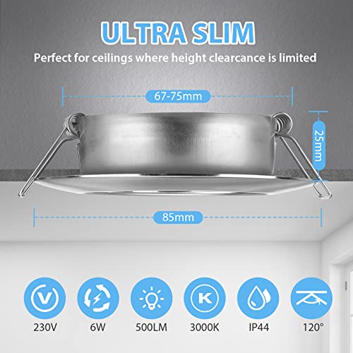 LED Recessed Spotlight, 230 V, Flat, Dimmable LED Spotlights, 6 W, IP44, Bathroom Recessed Lights, Ceiling Spotlights, Warm White, 3000 K, Swivelling Recessed Spotlights for Bathroom, Kitchen, Living Nickel-warm White 3000 K Set of 6
