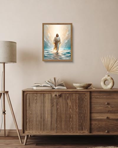 Natural Wood Framed Jesus Walking On Water Canvas Wall Art Religious Poster Christian Inspirational Paintings Prints Bible Pictures Home Decor for Livingroom Bedroom Church Prayer Room-9x11inch style-2-Natural wood Framed 9"L x 11"W