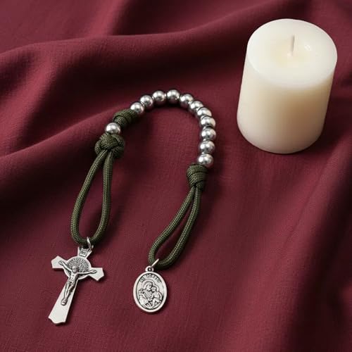 Nazareth Store Strong Military One Decade Paracord Rosary Silver Beads Pocket Car Rosary Pray For Us St. Joseph Medal & St. Benedict Cross Green