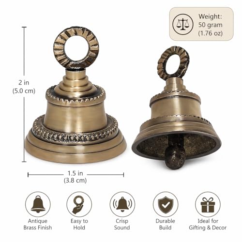 Traditional Carved Mini Brass Bell for Prayer, Feng Shui, Home Temple, Handcrafted Antique Brass, 2 Inch Height for Rituals, Sound Healing, Meditation & Decor Pack of 5
