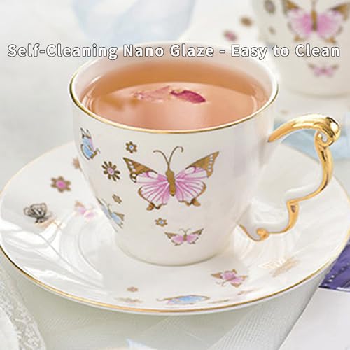 Butterfly Cup and Saucer Set, Bone China Tea Cup and Saucer with Spoon, Porcelain Coffee Mug with Gold Trim, Dishwasher Safe, Gift for Women, Mom, Friends, 6.8 oz