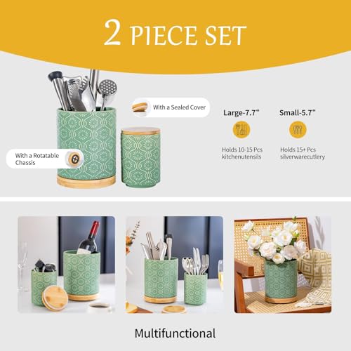 TEATALK Ceramic Canister with Airtight Lid, Cookie & Coffee Canister for Countertop, Food Storage Jar for Sugar, Tea, Matcha, Candy, Coffee Bean Container, Green,7.7"+5.7" Set2-Green