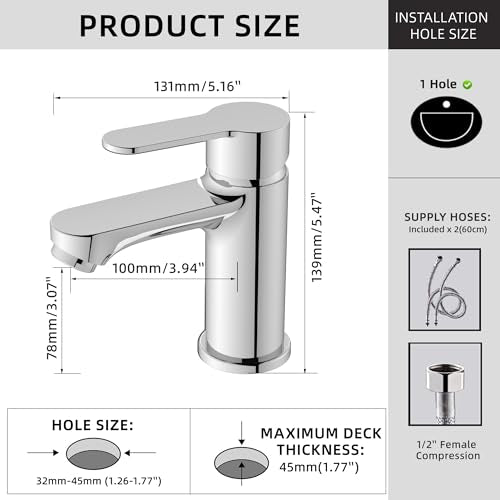 BELZ Chrome Basin Mixer Tap, Single Lever Bathroom Tap, Ceramic Cartridge Tap without waste