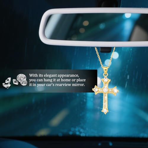 Bling Cross Car Mirror Hanging Ornament, Crystal Rhinestone Christian Rear View Mirror Hanger Charm, Diamond Religions Automotive Rearview Pendant, Universal for SUV Van Truck (Golden) Golden
