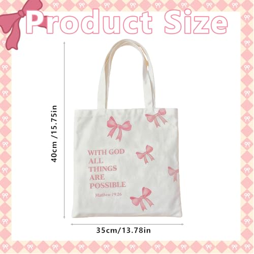 Huipalon Pink Christian Bag with Matthew 19:26 Scripture Quotes and Bow Design Minimalist Aesthetics Double-sided Bible Bags Christian Gifts for Women Girls