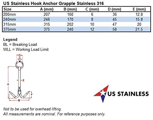 US Stainless Stainless Steel 316 Hook Anchor 9.5" (240mm) Marine Grade Grapple Grappling Hook
