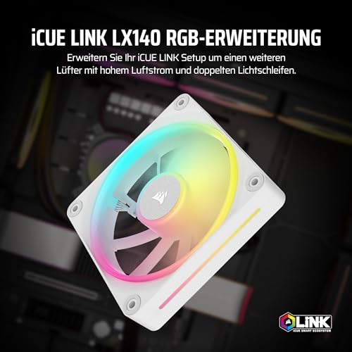 CORSAIR iCUE LINK LX140 RGB 140mm PWM Fan Single Pack - Dual Light Loops - Requires iCUE LINK System Hub (Available Separately) - CORSAIR AirGuide Technology - White 1 x 140mm