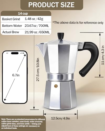 Coffee Maker Stovetop Espresso Maker 14 Cup Aluminum Moka Pot Percolator 23oz 700ml Easy Brewing for Electric Ceramic Stoves Home Camping Italian Cuban Café Classic Silver
