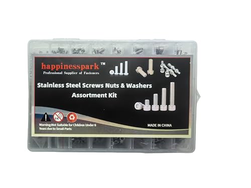 happinesspark 304 stainless steel DIN912 hex socket screw assortment with nuts and washers, M2-M5, silver finish
