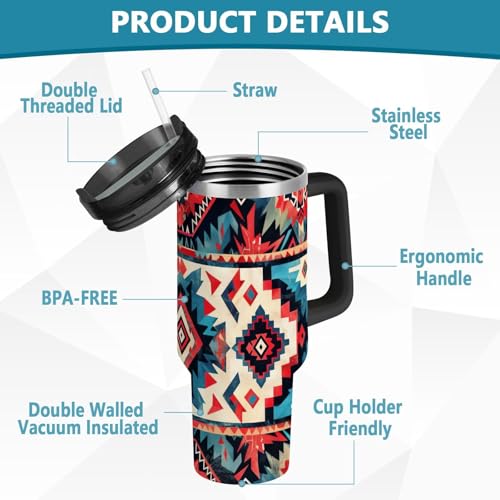 YETTASBIN Aztec 40 oz Tumbler with Handle, Stainless Steel Vacuum Insulated Sports Water Bottle, Leak-proof Travel Coffee Mug Cup with Lid and Straw for Water, Iced Tea or Coffee 40 Ounces