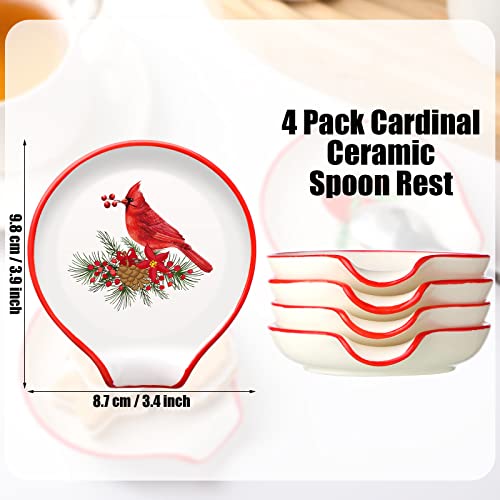 Willbond 4-piece ceramic Christmas cardinal spoon rests featuring winter bird designs, ideal for holiday kitchen decor.