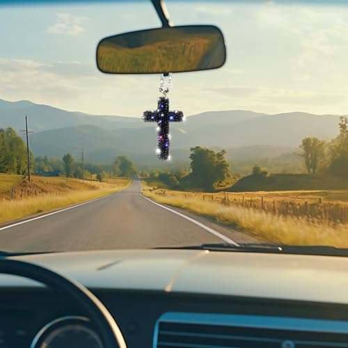 Bling Car Rear View Mirror Accessories Hanging Pendant,Cross Crystal Rhinestone For Car Mirror Hanging,Double-Sided Cross Diamond Religious,Interior Men Women Car Accessories Black