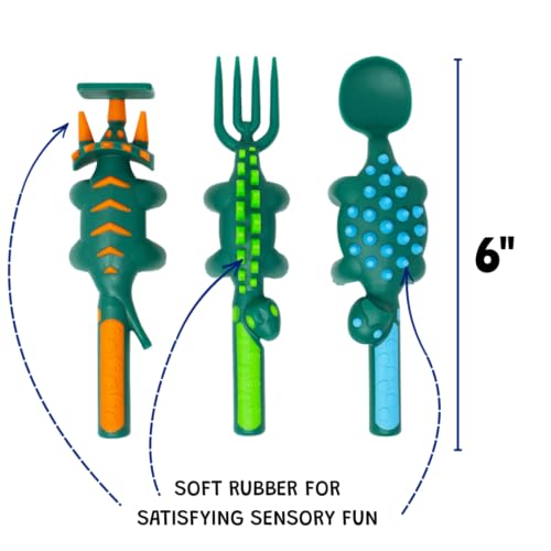 Constructive Eating - Toddler Dinosaur Utensils Made in USA - Silverware for Toddlers - Utensils for Kids - Constructive Eating Utensil Set Green Dinosaur
