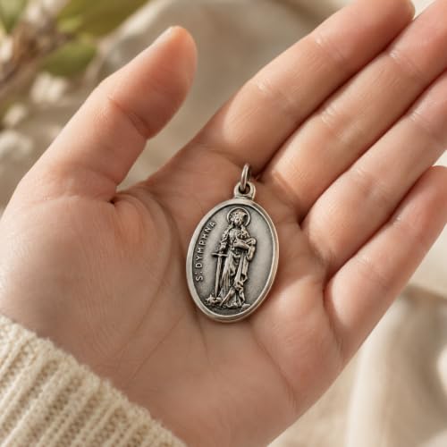 Westmon Works St. Dymphna 5 Medal Necklace Pendants for Women & Men, 1" Silver Oxidized Catholic Patron Saint Charm for Mental Health & Anxiety, Made in Italy – 5 Prayer Cards