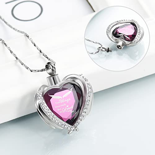 Imrsanl Cremation Jewelry for Ashes Pendant - Crystal Heart Urn Necklace with Mini Keepsake Urn Memorial Ash Jewelry Wings-Purple