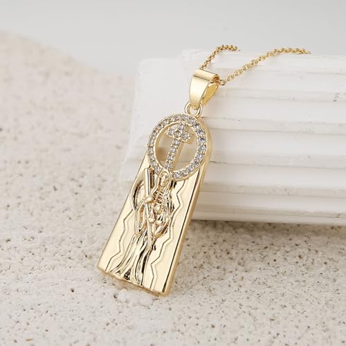 HZMAN Santa Muerte Necklace for Men Retro Gothic 14K Gold Plated Grim Reaper Saint Death Sickle Skull Pendant Party Jewelry Gift Cross