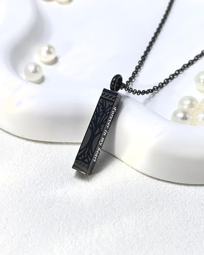 Tree of Life Urn Necklace for Ashes Cylinder Bar Cremation Jewelry Urn Pendant Memorial Necklace Keepsake Jewelry for Women Men - Forever in my heart Black Forever