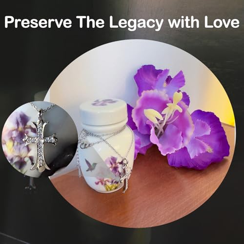 Mini Cremation Urn with Hummingbird and Iris Flower Design, White Ceramic Memorial Keepsake with Cross Necklace