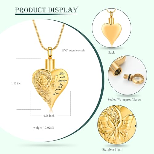 Love Heart Cremation Jewelry Urn Necklaces Butterfly Urn Necklaces for Ashes Memorial Keepsake Pendant for Women Men Gifts With Funnel Kit & Bag Gold